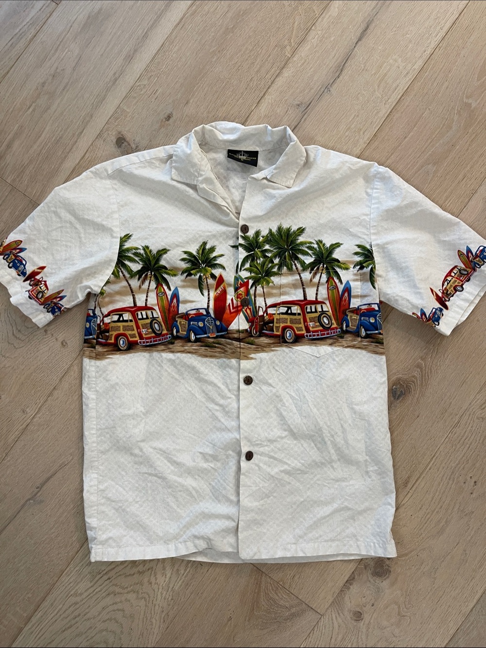 Men's White Hawaiian Surf Print Button-Down Shirt by Royal Creations